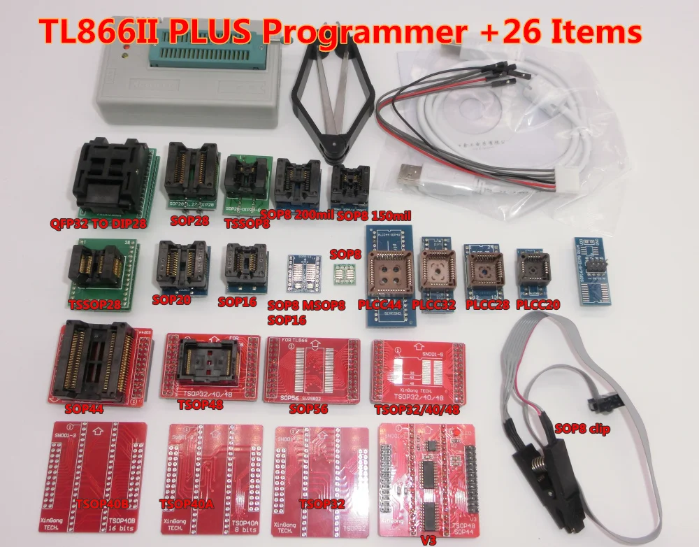 100% Оригинальный программатор TL866II PLUS + 26 адаптеров NAND TSOP48 QFP32 SOP28|Интегральные