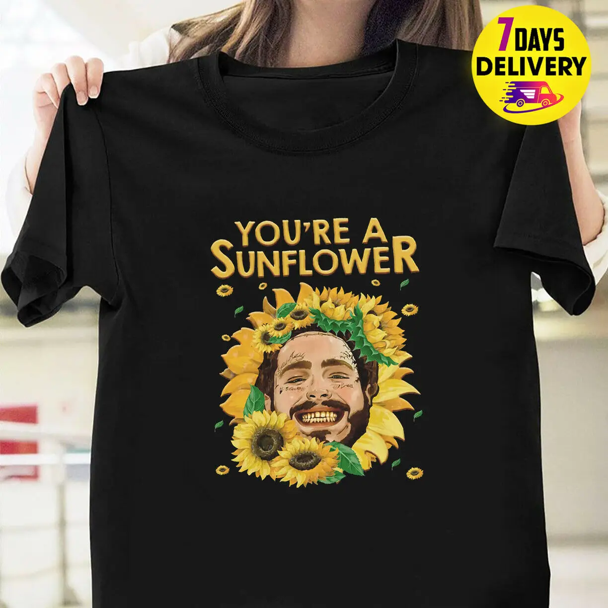 Вы Подсолнух пост Malone американский рэппер футболка черный Размер summer летняя новая Мужская хлопковая футболка Топ тройник