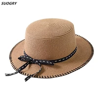 2018 new lady sun caps ribbon round flat top straw beach hat summer hat for women snapback gorras panama straw hat chapeau femme