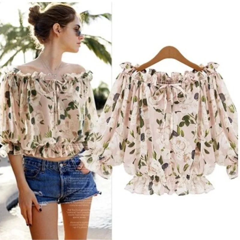 2018 топ с открытыми плечами женская блузка шифоновая цветочным принтом