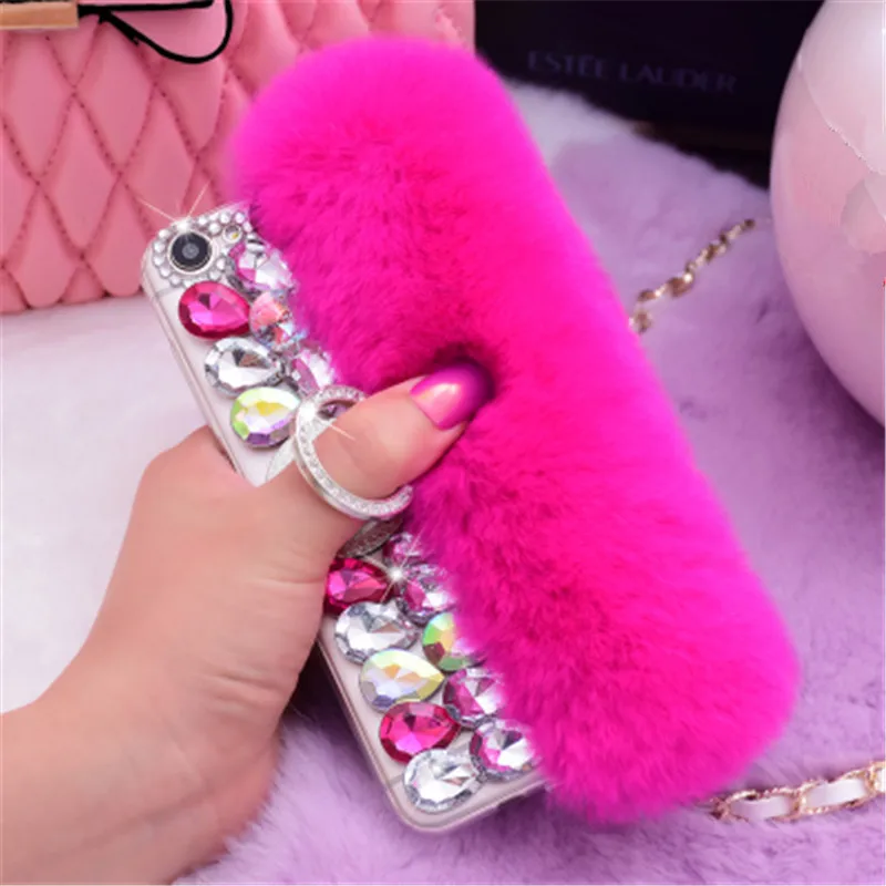 Luxury Bling Diamond Gem Ring Stand Holder Rabbit Fur Hairy Soft Cover Case For SamsungS6 S7 S8 S9 S10 S11PLUS Lite Note5 8 9 10 |