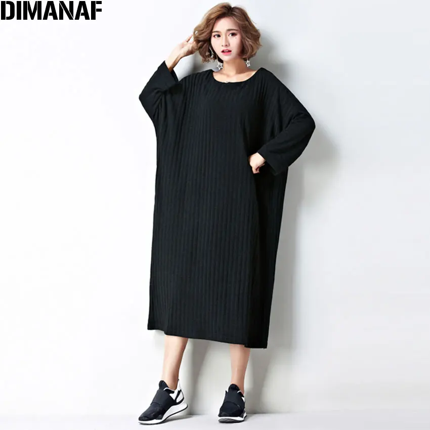 DIMANAF 2017 Women Dress Plus Size Autumn Striped Print Solid Batwing Oversize Cotton Female Casual Fashion Show Thin Warm Dress|warm dress|fashion
