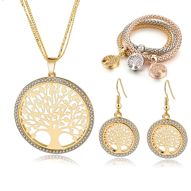 

SZELAM Gold Tree of Life Jewelry Set for Women Necklace Earrings Bracelets Set Wedding Crystal Jewellery Set SET160008