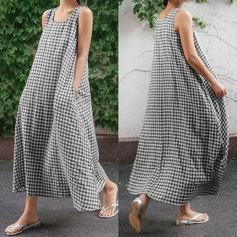 Женский летний праздничный сарафан без рукавов с карманами клетчатый в клетку