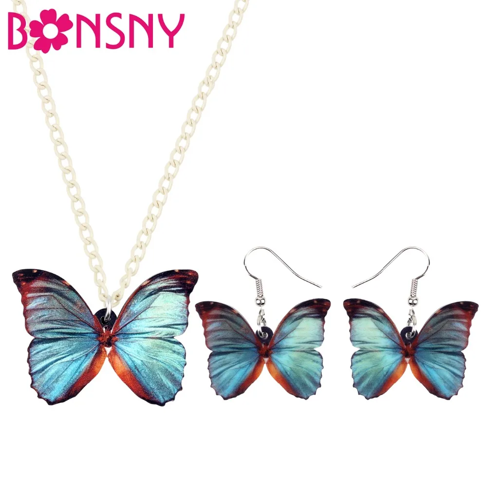 

Bonsny Acrylic Hot Novelty Grey Blue Butterfly Earrings Necklace Collar Insect Jewelry Sets For Women Girls Statement Accessory
