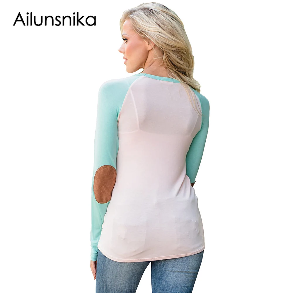 Ailunsnika New Arrival Fashion Women Casual Tops Feminine Blouses Ladies Raglan Long Sleeve Elbow Patch and Buttons Top DL250459 |