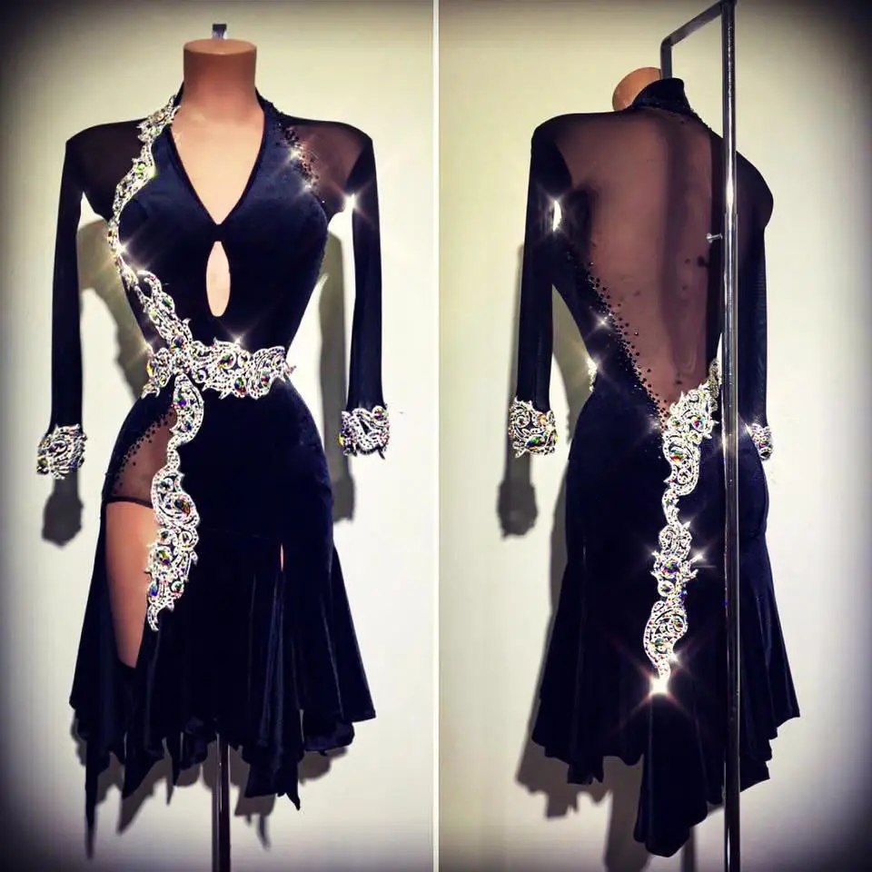 

latin dance dress women Long sleeves latin dancewear V-neck Transparent back dress for Cha Cha Rumba Velvet Mid night color