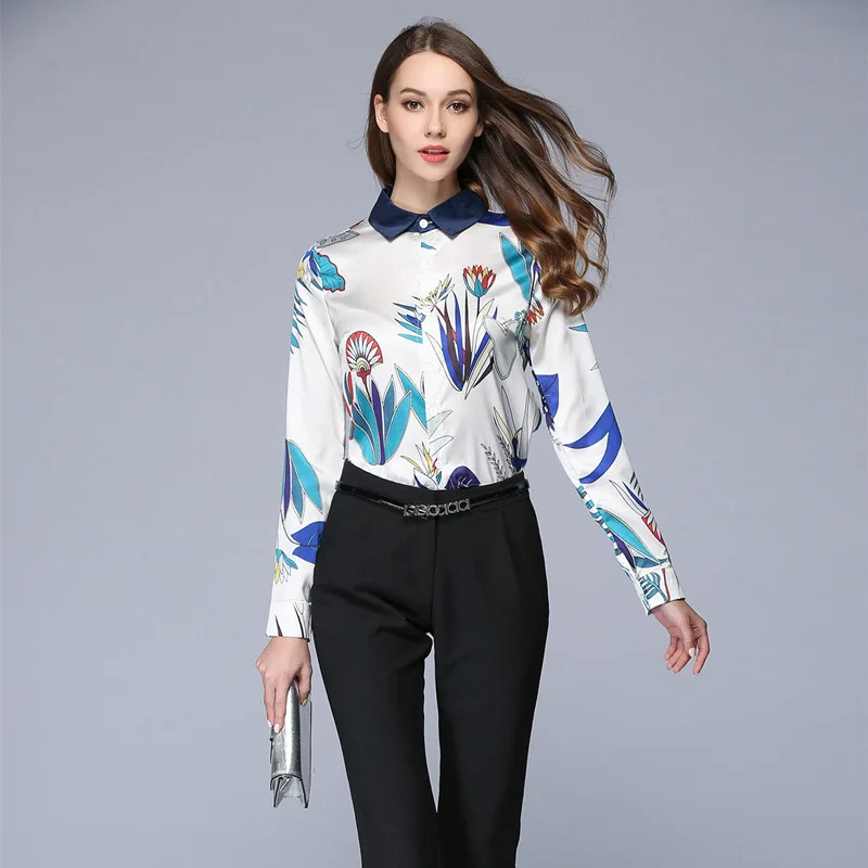 2018 Европа высокого качества рубашка основы женская блузка Винтаж принт офис леди