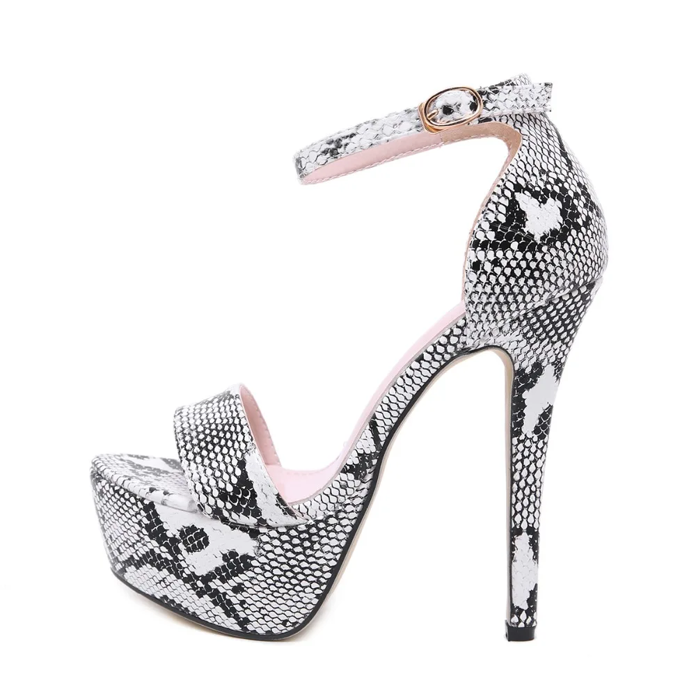 

New Arrival Fashion Summer Shoes Peep Toe Snake Print Ankle Strap Platform Women Shoes Thin High Heels Ladies Sexy Pumps 2019
