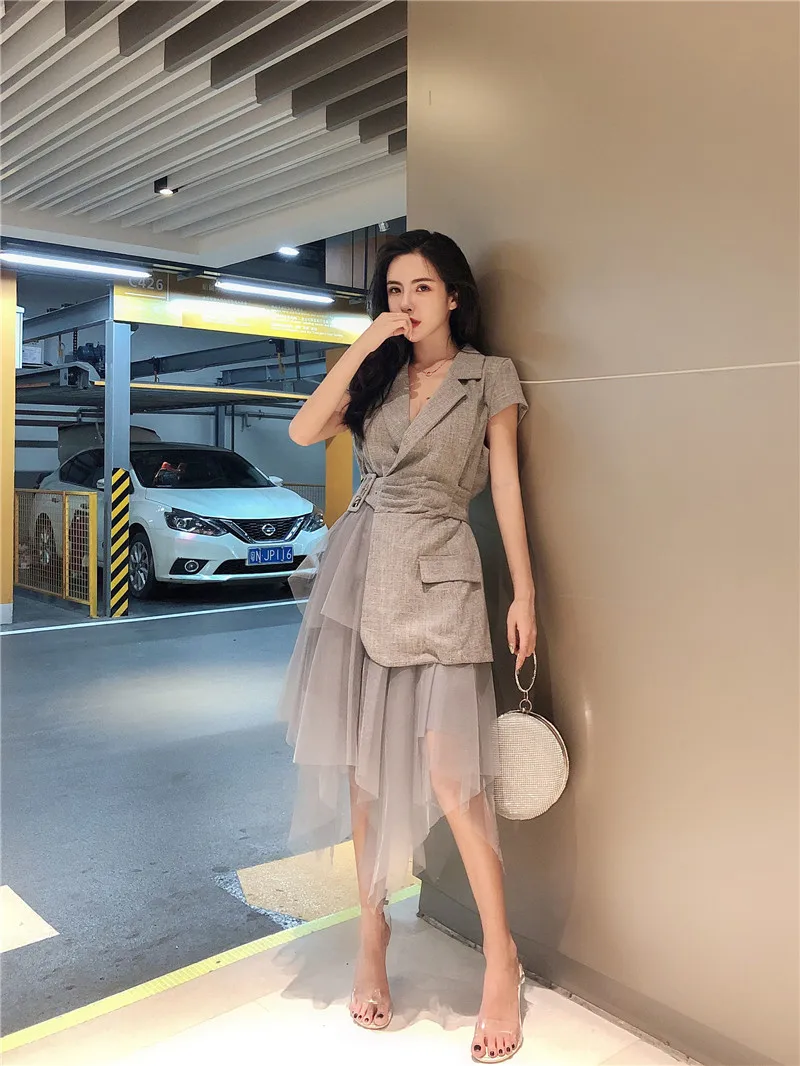 fashion women dresses gray sheer mesh patchwork notched collar Short sleeve a-line bohemian Midi dress