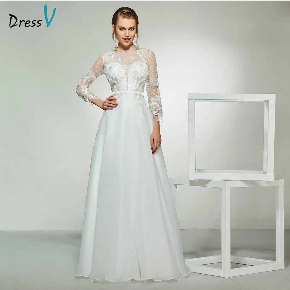 

Dressv elegant ivory scoop neck long sleeves appliques a line wedding dress floor length simple bridal gowns wedding dresses