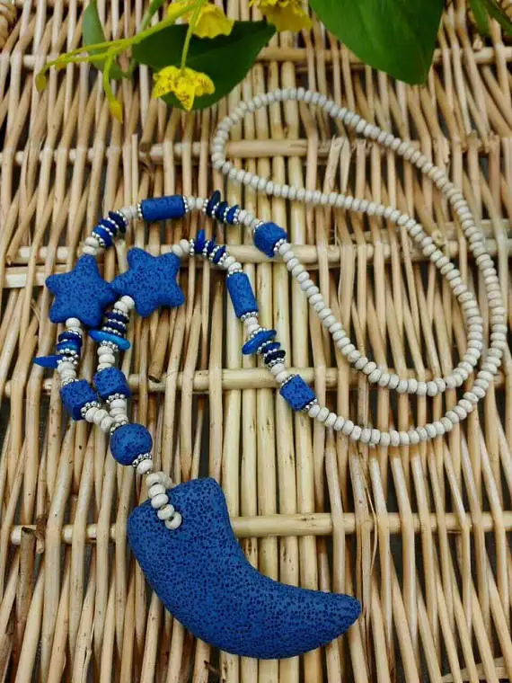 

Multicolor 18" strand lava nacklace blue lava horn pendant, star spikes round lava pendant with necklace
