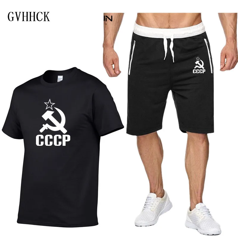 Костюм мужской с принтом СССР хлопок футболка и шорты повседневный комплект