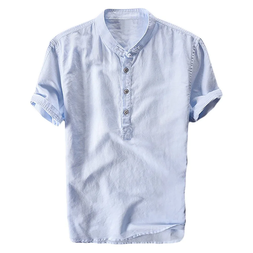 2019 High Quality Men's Linen Short Sleeve Shirt Breathes Solid Soft Shirts Loose shirts | Мужская одежда