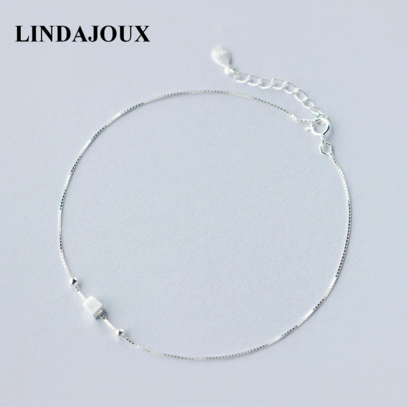 LINDAJOUX модный 925 пробы Серебряный Матовый квадратный Шарм ножной браслет для женщин S925 лодыжки браслет Регулируемая длина