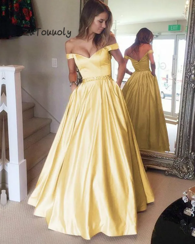 

vestidos de fiesta de noche Yellow Off The Shoulder Prom Dress With Pockets A Line Satin Long Party Wear evening ceremony dress