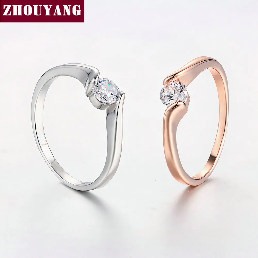 ZHOUYANG, обручальное кольцо для женщин, лаконичное, 4 мм., круглая огранка, кубический цирконий, цвет розовое золото, обручальное, модное ювелирное изделие ZYR239, ZYR422