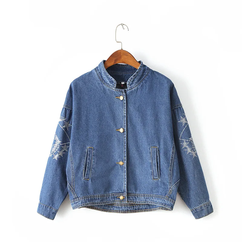 Ранняя осень новый рукав летучая мышь вышивка со стоячим воротником джинсовый