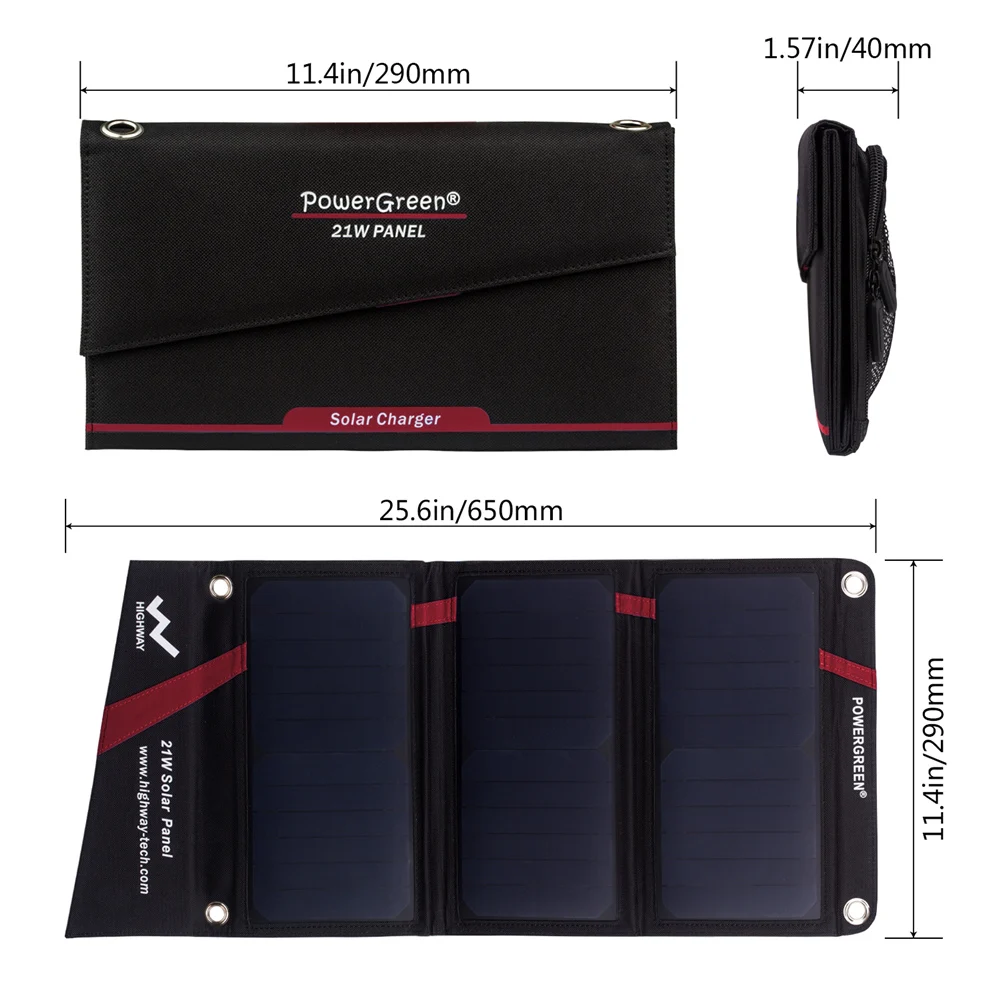 Складное солнечное зарядное устройство PowerGreen 5 В 2 А 21 Вт внешнее для iPhone или Samsung