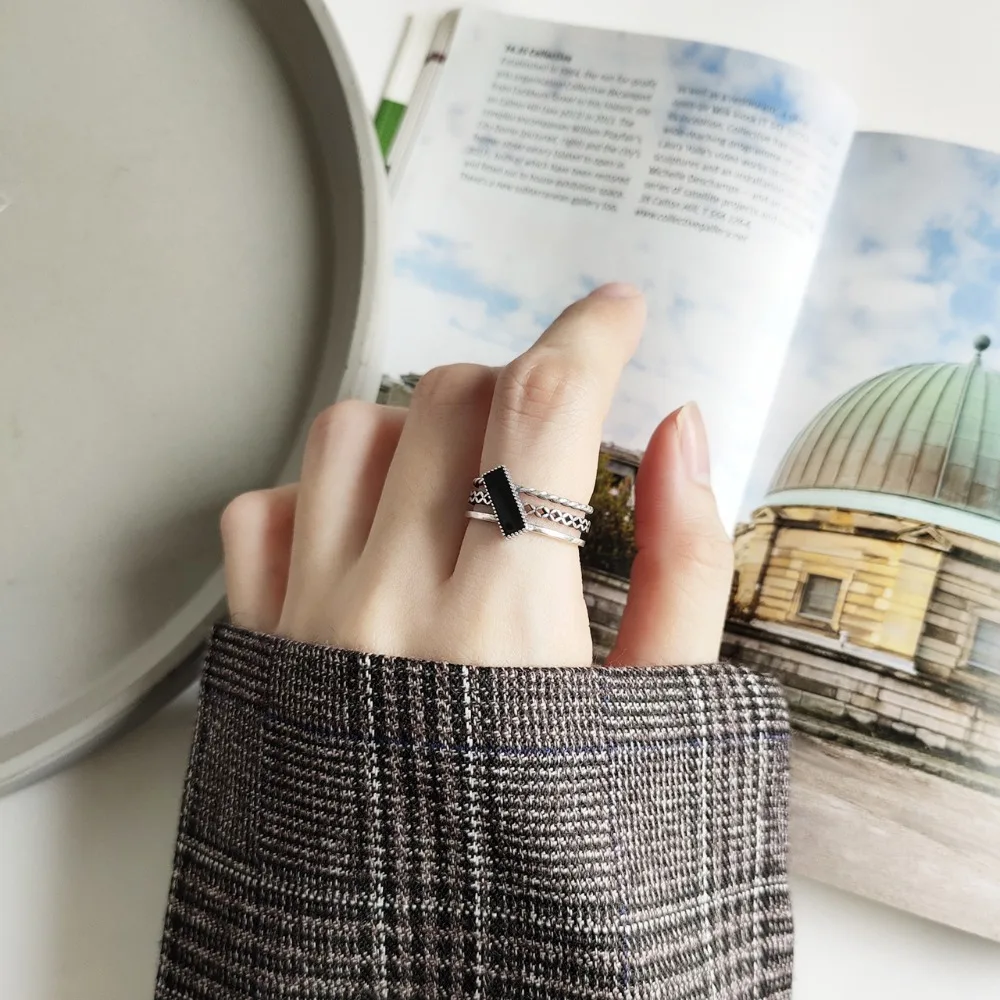 Amaiyllis 925 Sterling Silver Vintage black Silicone Open Rings For Women Thread Ring Weddings Party Jewelry us298 | Украшения и