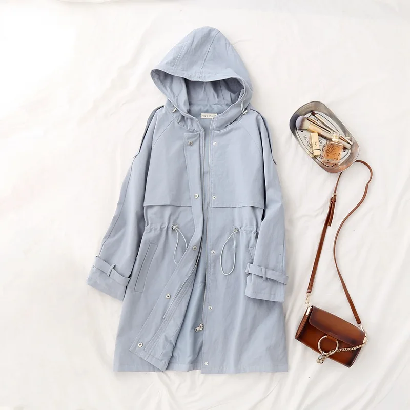 Light blue Приталенный жилет женский длинный с капюшоном весна и осень свободный до колена однобортный хлопковый кардиган - Цвет: Light blue