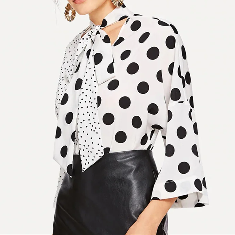 Bella Philosophy Spring Women New V-neck Polka Dot Blouse Casual Asymmetric Splicing Shirts Vintage Patchwork Lady Tops 2019 | Женская