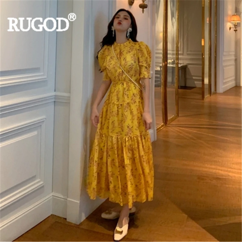 RUGOD женское длинное платье с цветочным принтом плиссированные оборки рукав