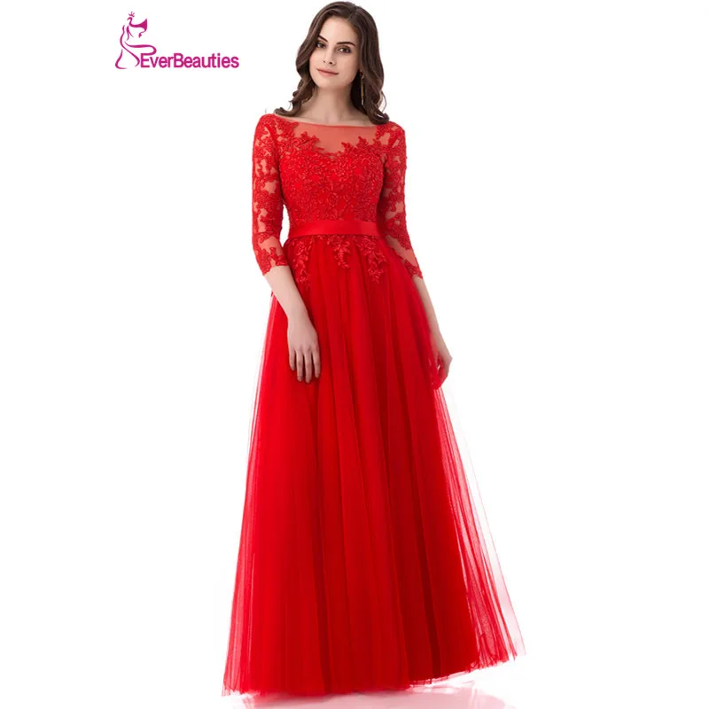 

Wine Red Robe De Soiree Evening Dresses Long 2020 A-Line Lace Appliqued Women Party Dresses Long Sleeves Abendkleider Abiye