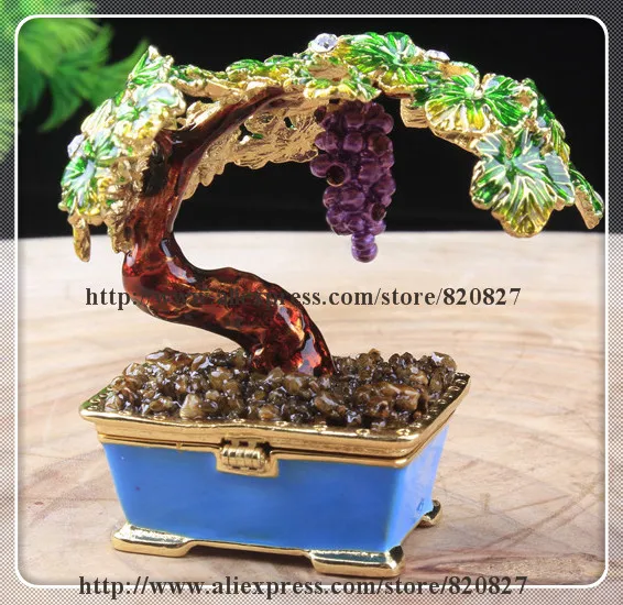 Bonsai Bordeaux Miniature Grape Vine Trinket Jewelry Keepsake Box Tree Handmade Jeweled Enameled Metal Trinket Box