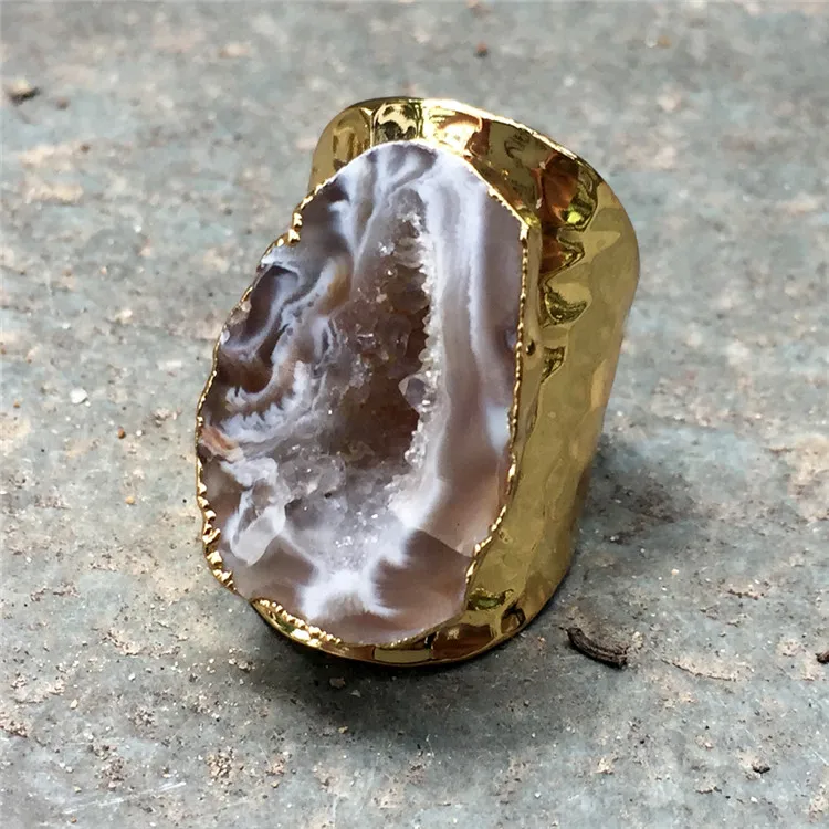 2 BOROSA натуральный кулон Agates Druzy Открытое кольцо Ringe Гальваническое натуральный оникс Агаты драгоценные камни Свадебная вечеринка кольцо - Цвет основного камня: 2