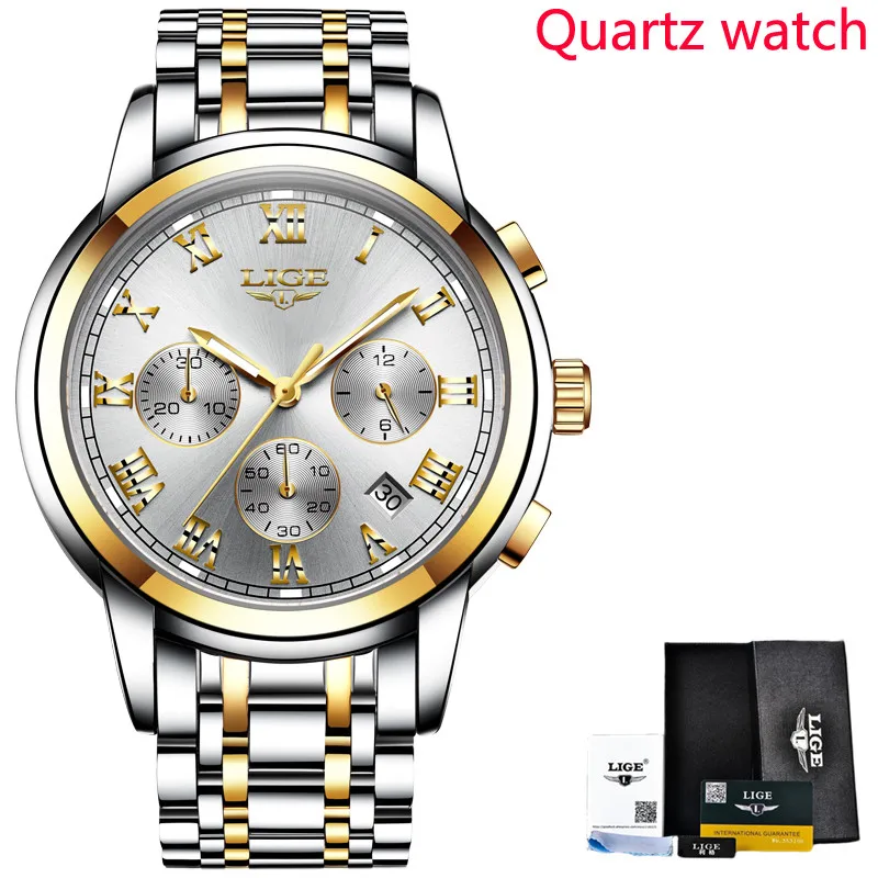 Steel gold white LIGE мужские часы Топ бренд класса люкс бизнес школьник автоматические механические часы спортивные водонепроницаемые мужские часы Военные мужские часы - Цвет: Steel gold white