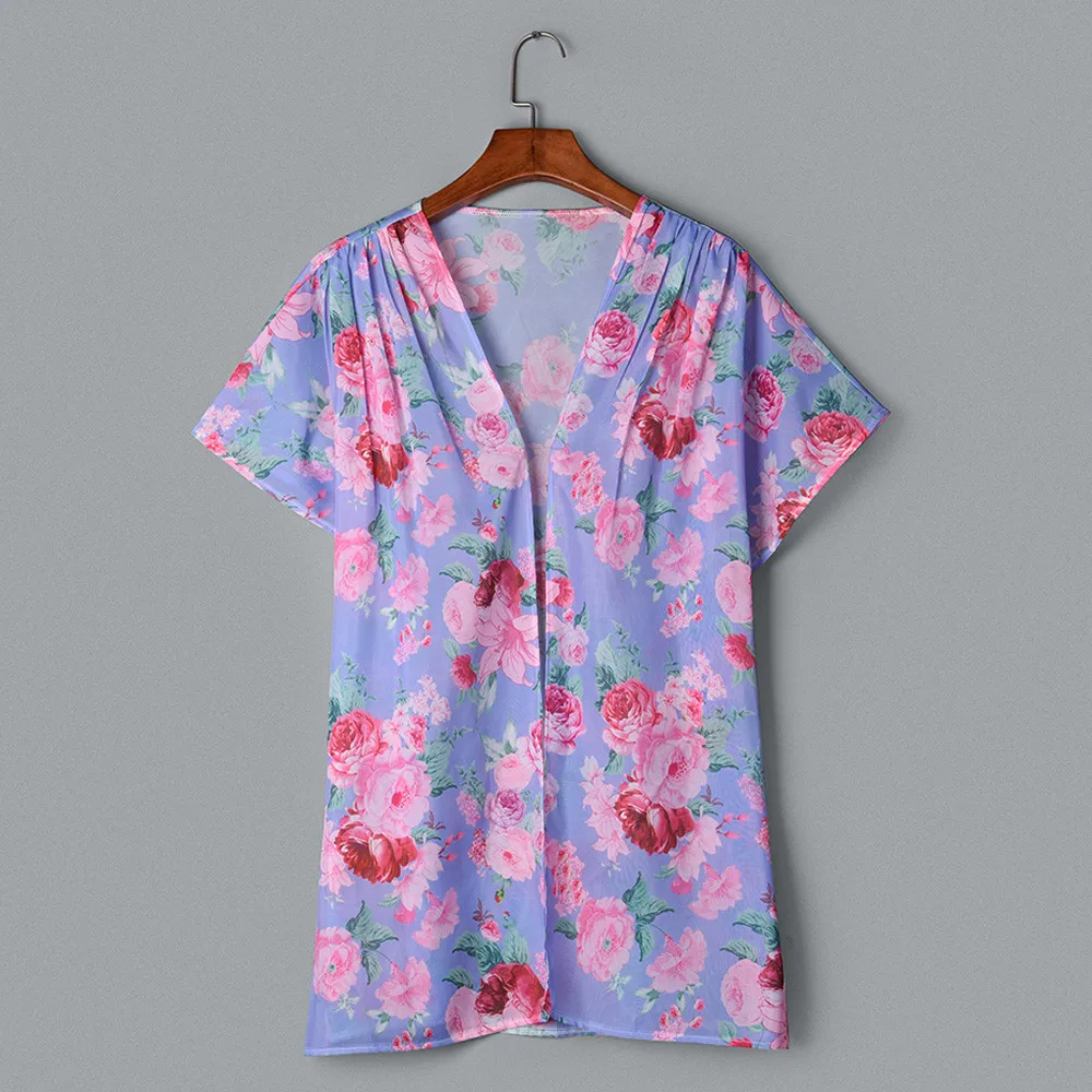 

Women Blouses And Tops Fashion Chiffon Print Suit Bikini Swimwear Beach Swimsuit Smock Beach Cover Blouse Tops Summer