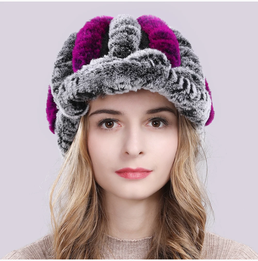 Новинка, настоящий мех кролика, женская зимняя шапка, натуральный настоящий мех кролика, шапка для женщин, вязаная, теплая, натуральный мех, шапки