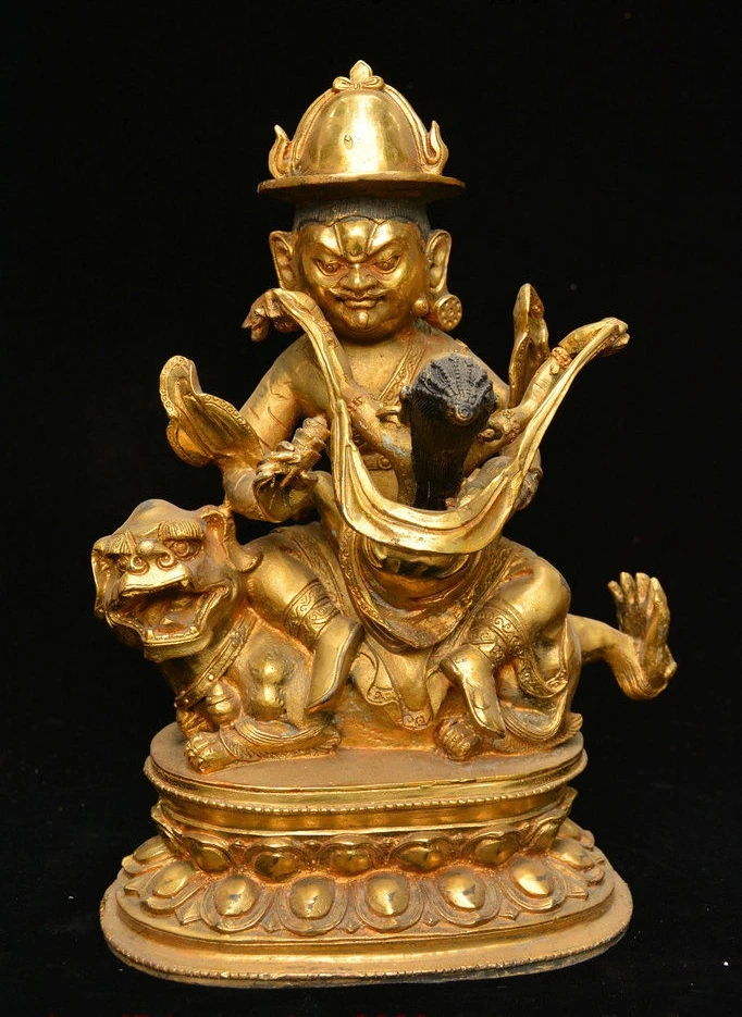 

11" Tibetan Bronze Gilt Lion Zambala Vaishravana Vajrapani Bodhisattva Statue