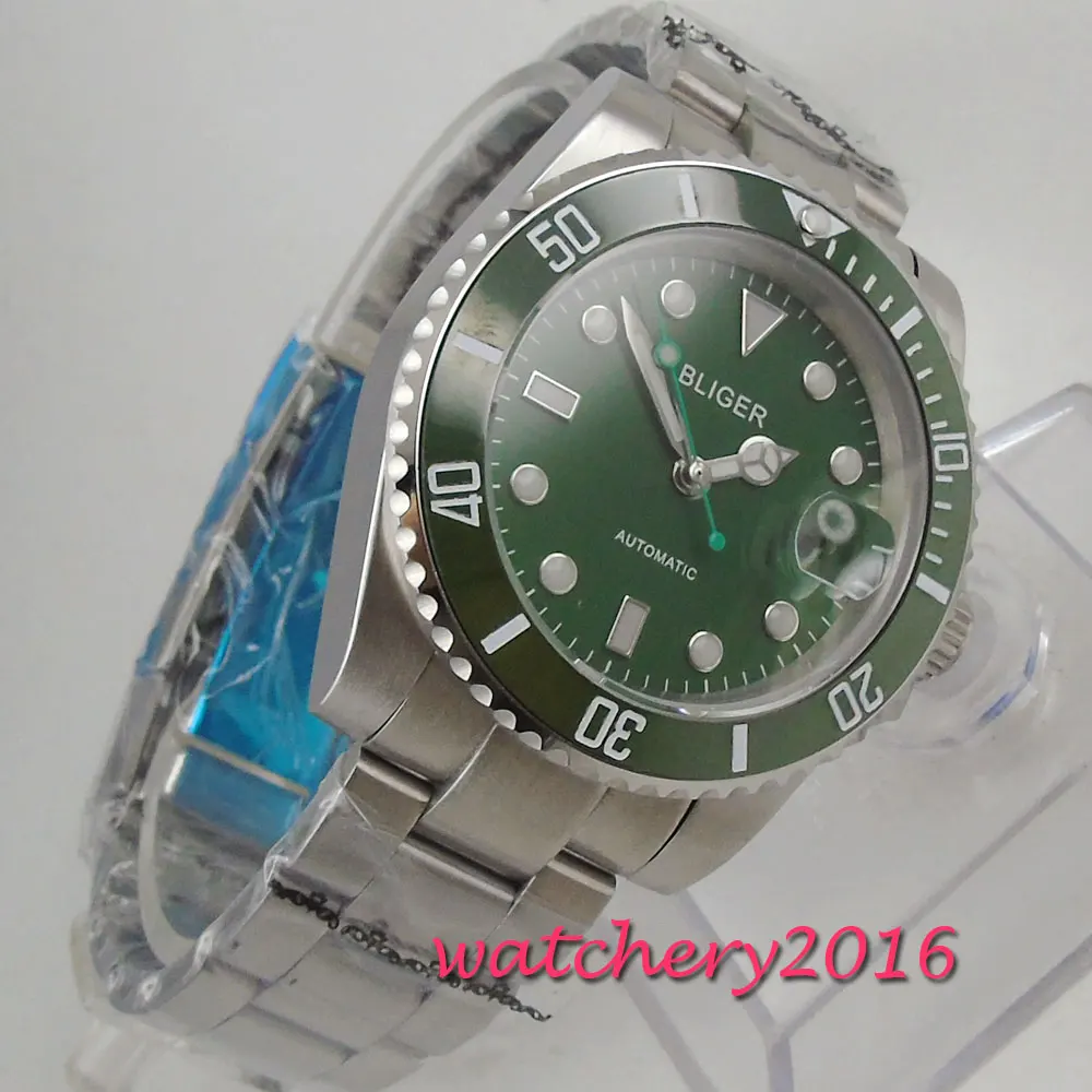 

NEW 40mm Bliger Green Dial Sapphire Glass Rotating Bezel Calendar Steel Case Luminous Luxury Automatic Movement men's Watch