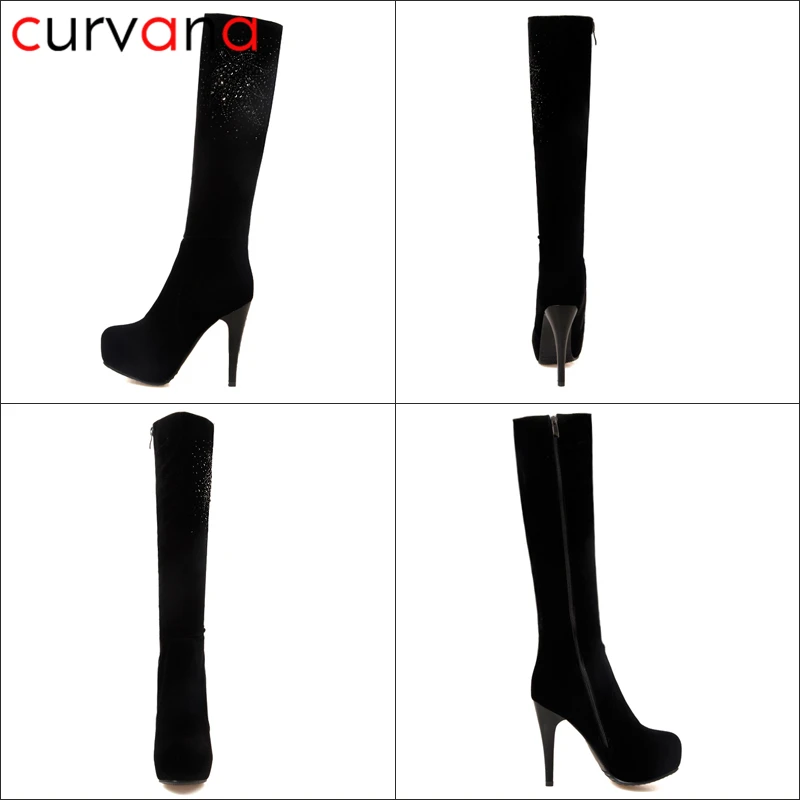 Floral Crystal Knee High Boots Basic Platform Faux Suede Heels Black Women Winter Bling Side Zip Thigh | Обувь