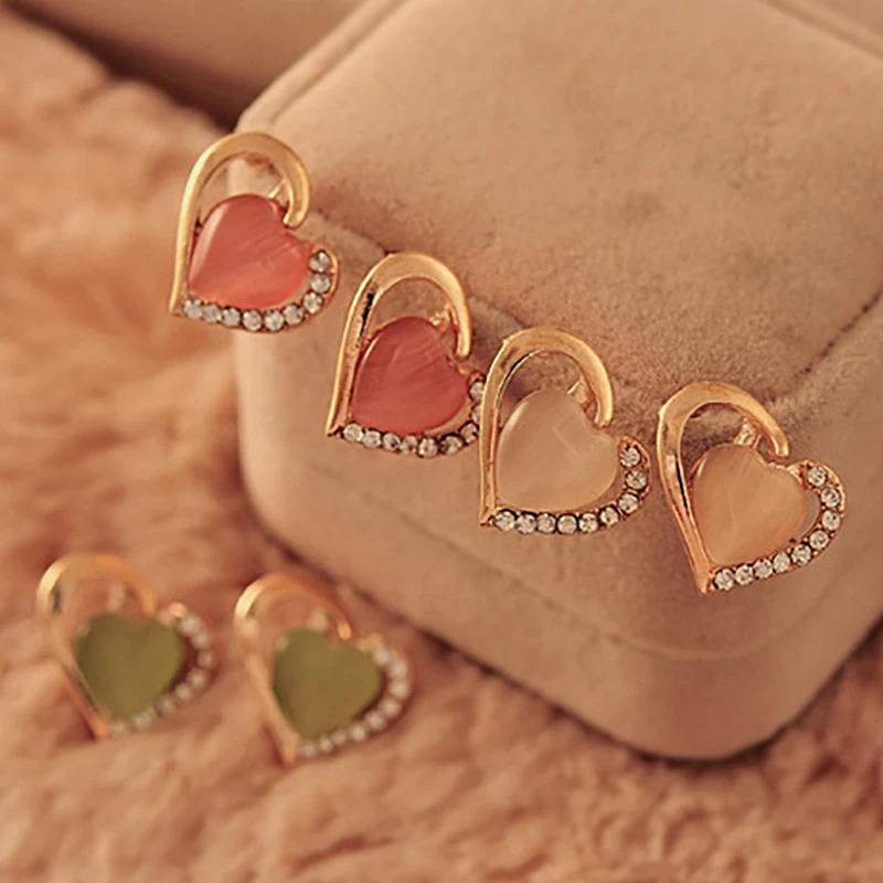 Золото Цвет серьги в виде сердец с украшением кристаллов опал Стразы полый