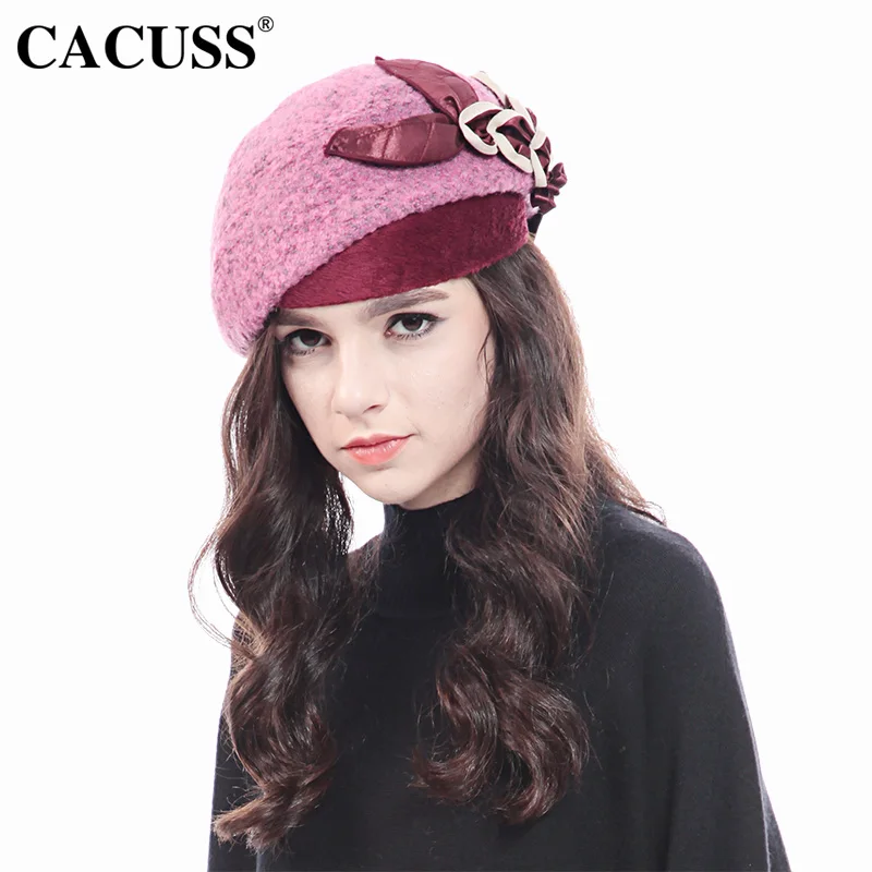 CACUSS Elegant Women Wool Cap Fedoras Female Winter Warm Floral Flet Hats Party Berets Chapeau Femme | Аксессуары для одежды