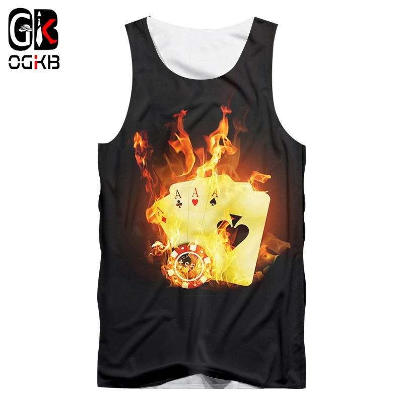 OGKB Men Vest Hot Bodybuilding Funny 3D Printed Flame of Poker Hip Hop Plus Size Costume Male Summer Sleeveless Shirt | Мужская одежда