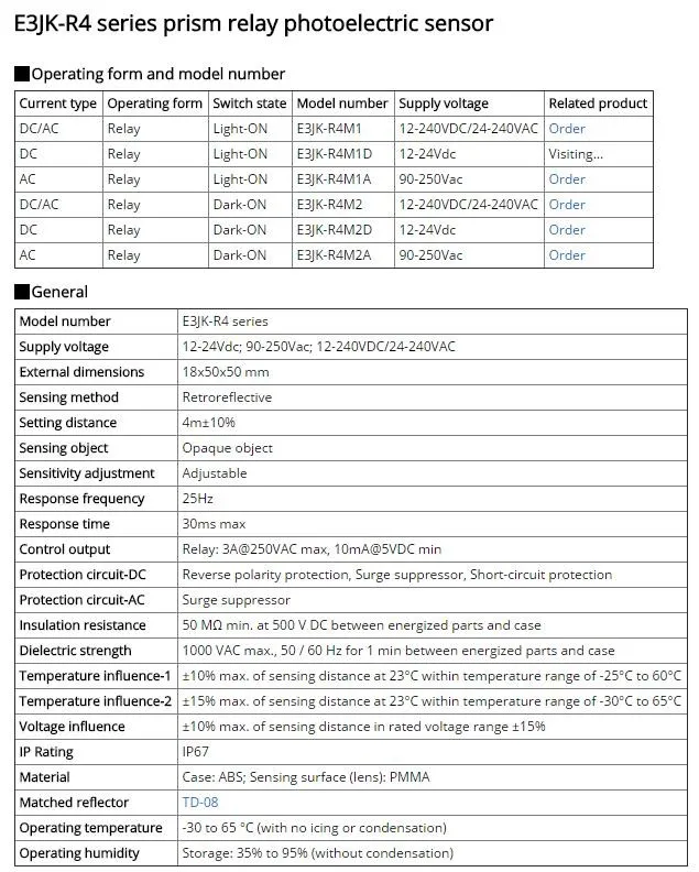 E3JK-R4M1 DC12-24V/AC90-240V световозвращающий фотоэлектрический датчик переключатель приближения 2 м кабель
