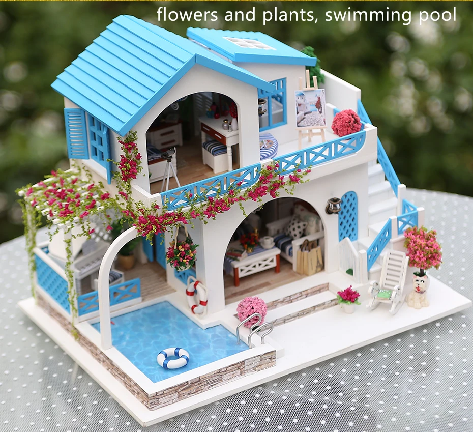 Синий и белый город кукольный дом мебель Diy Миниатюрный 3D Деревянный Miniaturas кукольный домик Каса игрушки для детей подарки на день рождения