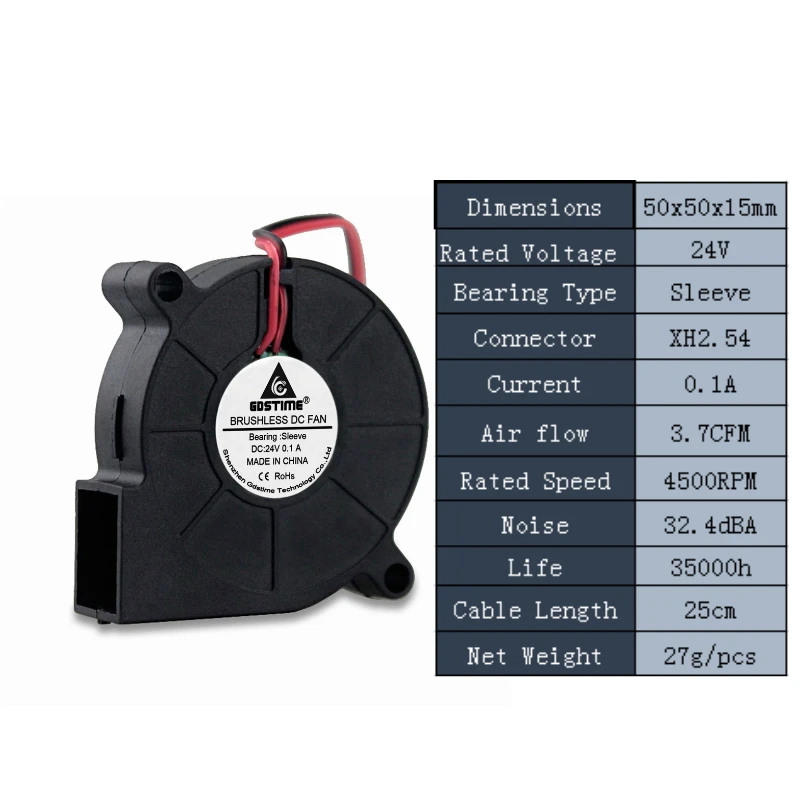 24V Sleeve 0.1A Gdstime 2 шт. DC 24 в 12 В 5 в 5015 Вентилятор охлаждения Два Шарикоподшипника 50 мм x 15 мм 2Pin центробежный турбо охладитель 5 см 50x15 мм - Цвет лезвия: 24V Sleeve 0.1A