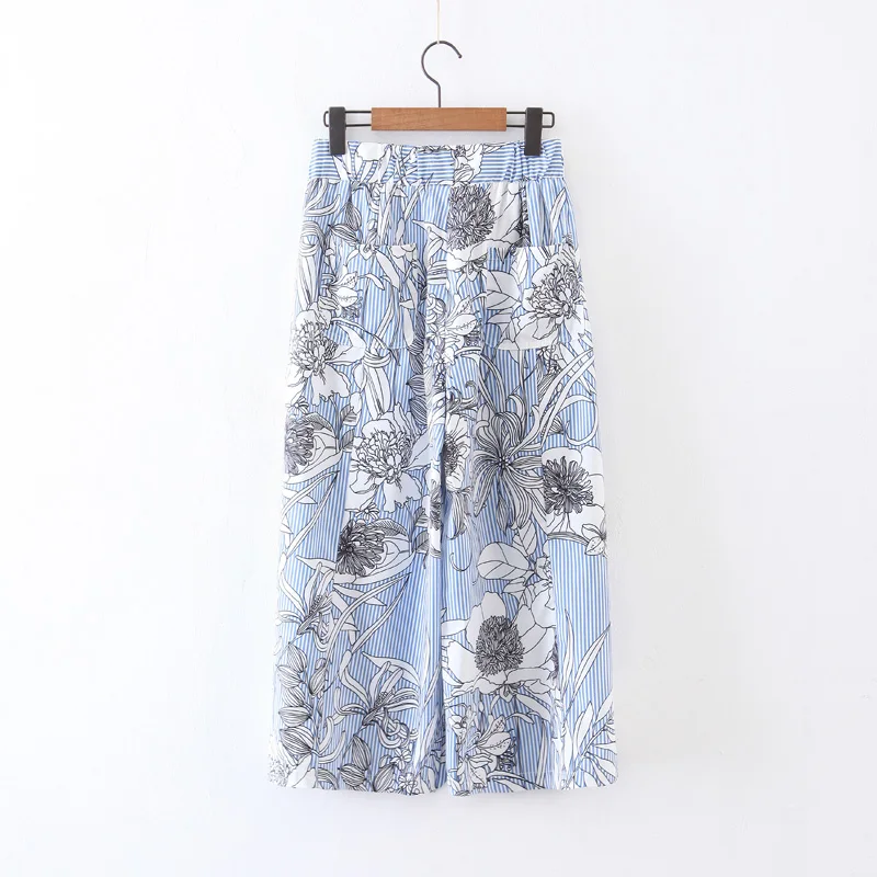 Женские свободные брюки в синюю полоску с цветочным принтом милые весенне-летние