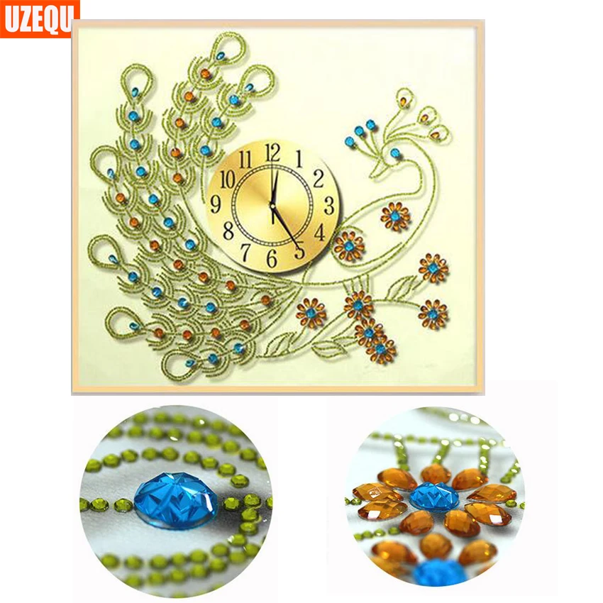 UzeQu специальные формы 3D Алмазная вышивка настенные часы Павлин 5D DIY алмазная