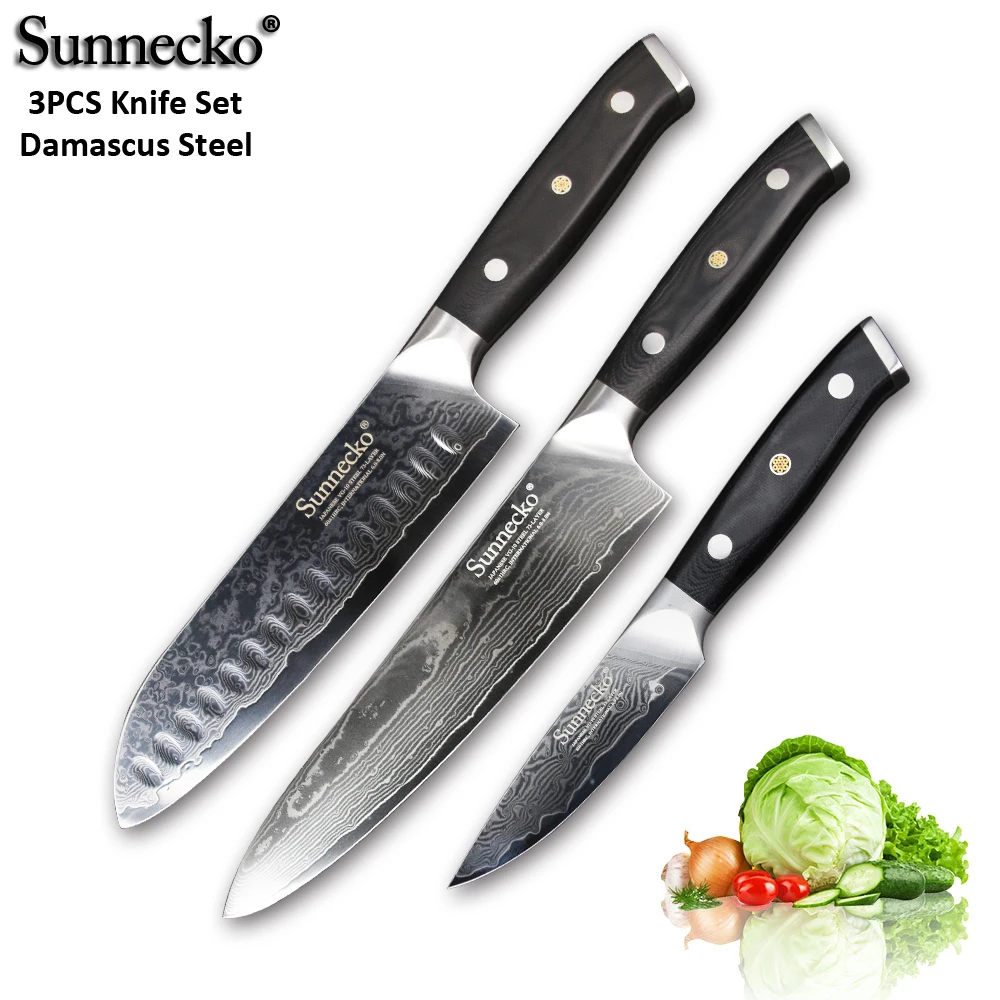 SUNNECKO 3 шт. Дамаск Кухня ножи сантоку шеф повара нож для очистки овощей Ножи
