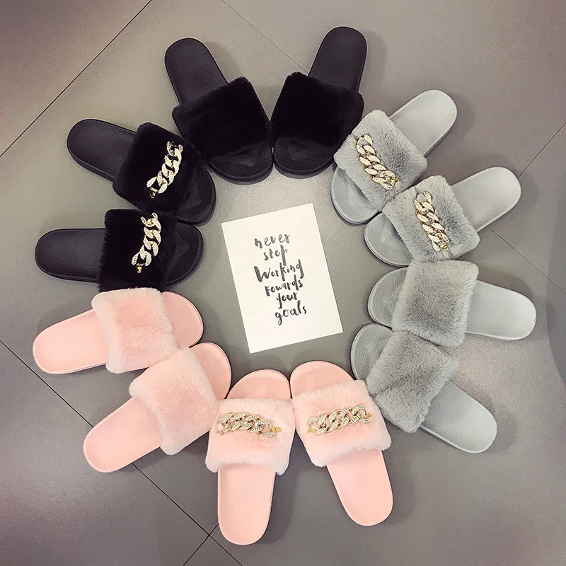 Женские меховые шлепанцы известного бренда дизайнерские с цепочкой и