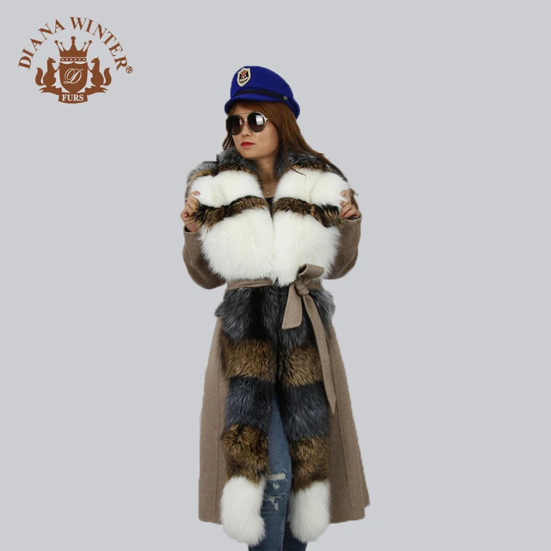Женское кожаное пальто из лисьего меха шерстяное модное кашемировое модный