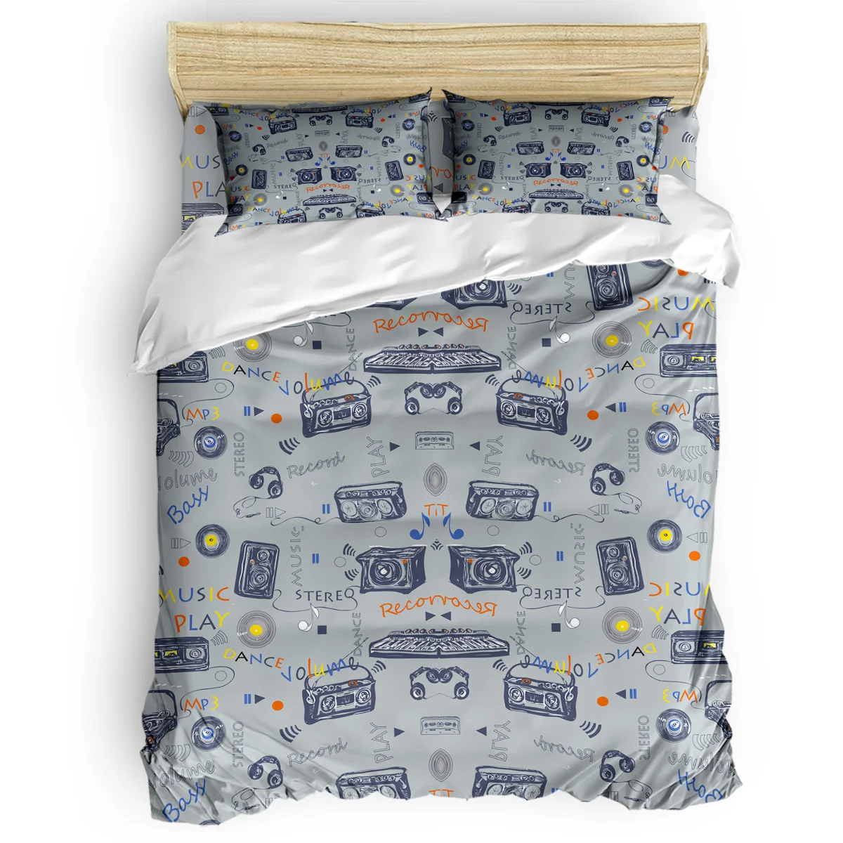 Music Doodle Decor Duvet Cover Set Cute Cartoon Funny Design Radio Vintage Retro Print 4 Piece Bedding Twin Queen | Дом и сад