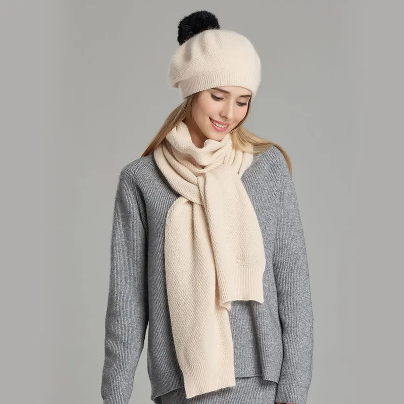 Женская Зимняя шерстяная вязаная шапка шарф с помпоном из кроличьей шерсти|knitted
