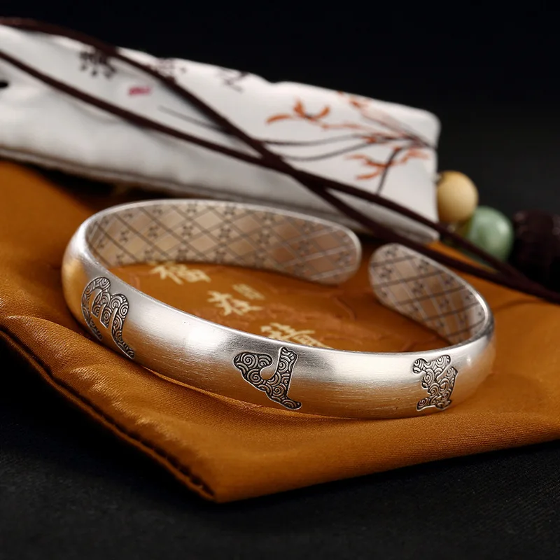 

S999, Pure Silver, Antique, Matte, Old Six Words, Genuine Lady, Open Bracelet, Sterling Silver Bracelet Wholesale.
